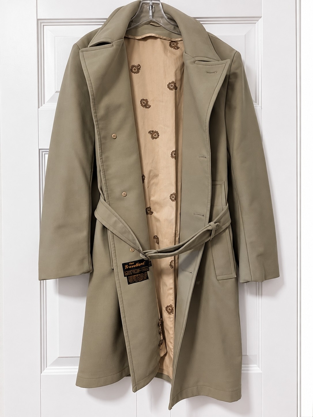 Vintage Sears The Travelknit Men's Womens Unisex Belted Olive Trench Coat - Picture 2 of 4